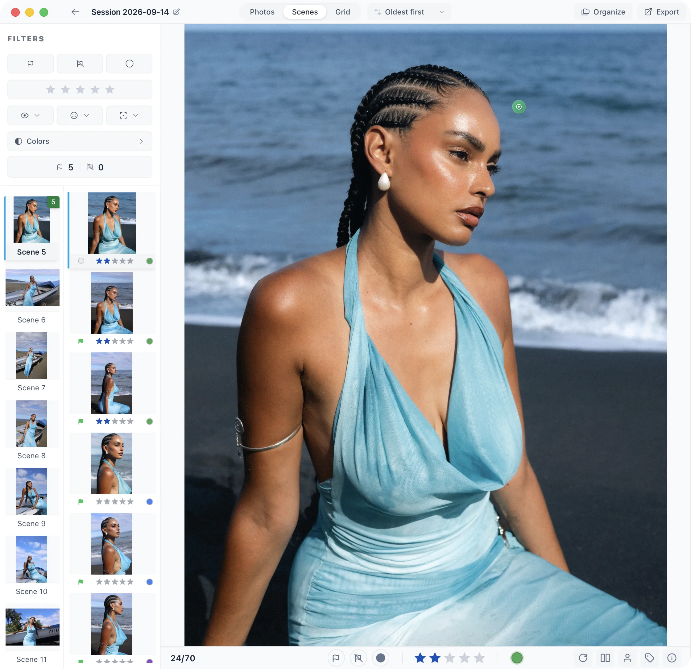 Cullit project view showing culling controls, scene thumbnails, and a selected portrait.