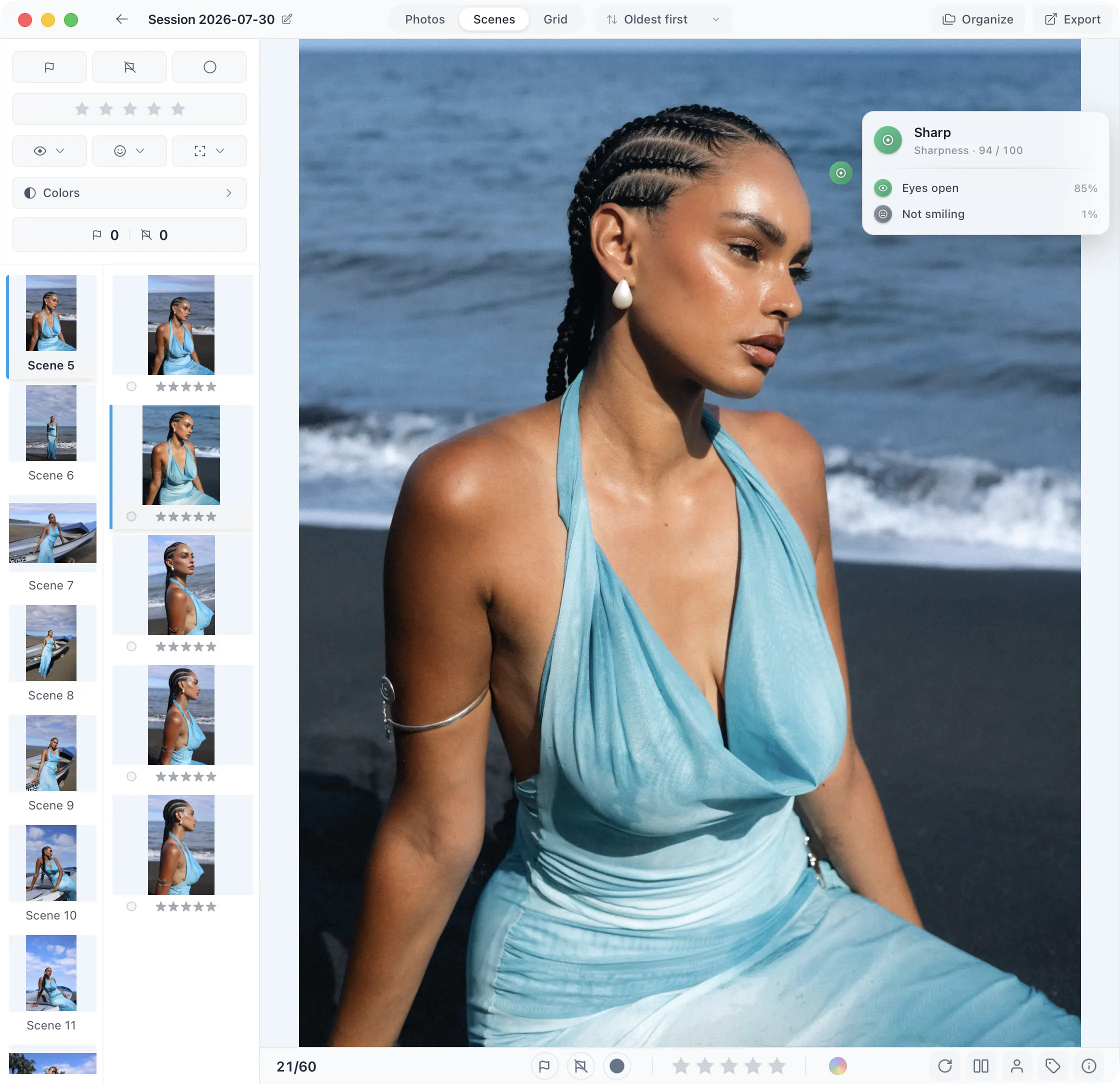 Cullit project view showing culling controls, scene thumbnails, and a selected portrait.